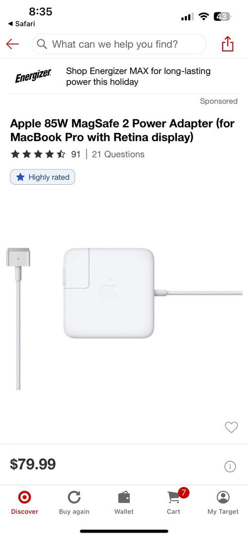 Apple 85w MagSafe 2 Power Adapter (for Mac Book Pro)