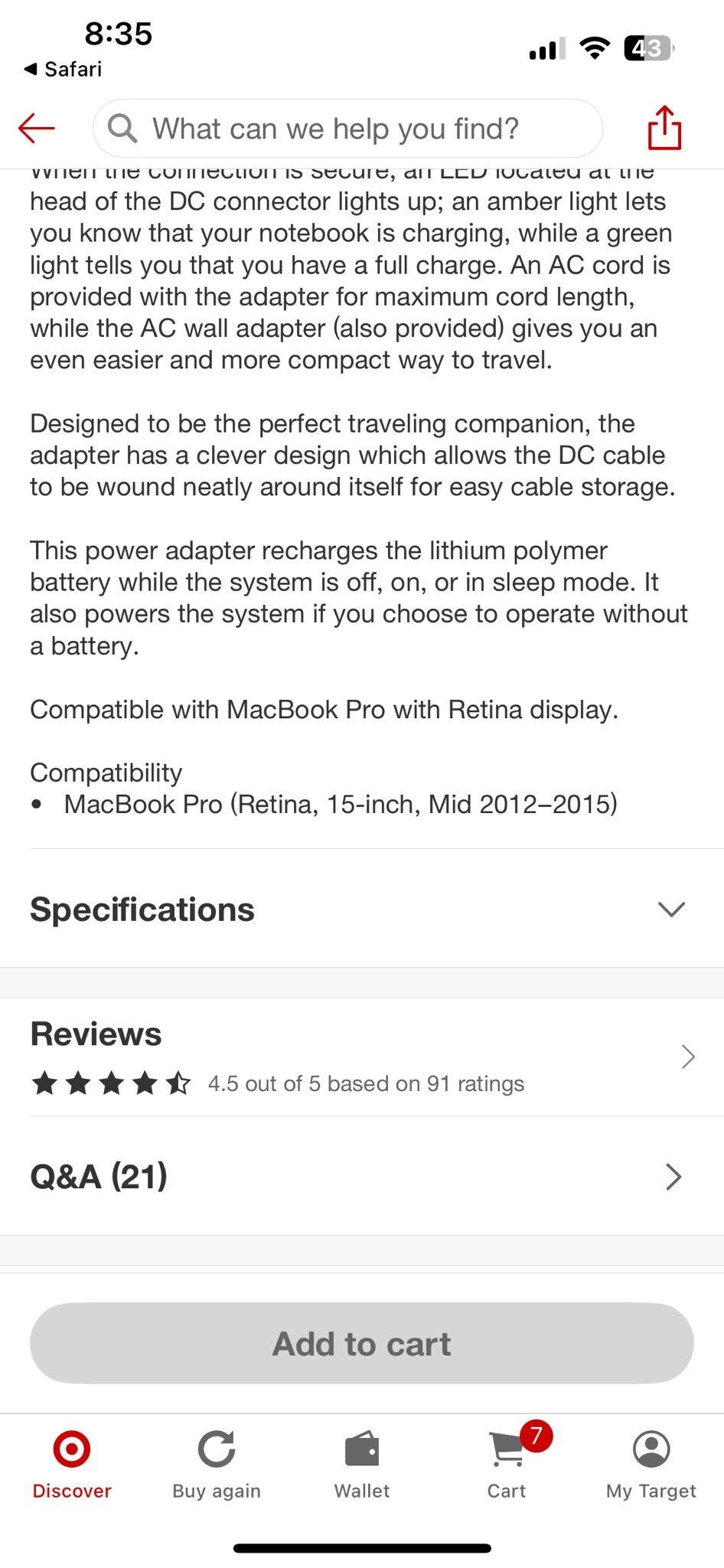 Apple 85w MagSafe 2 Power Adapter (for Mac Book Pro)