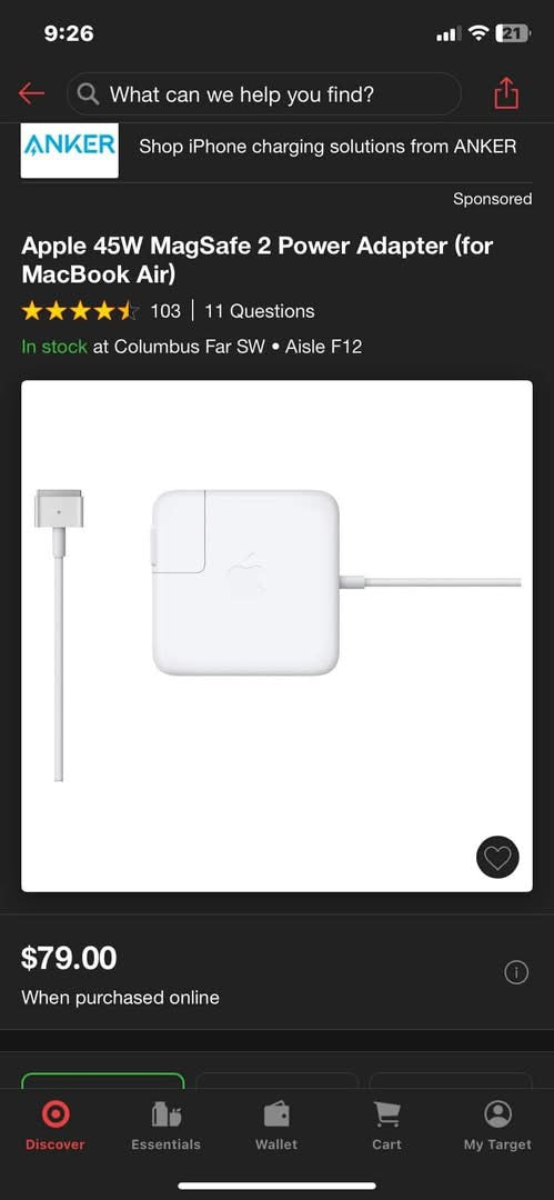 Apple 45w MagSafe 2 Power Adapter (for Mac Book Air)