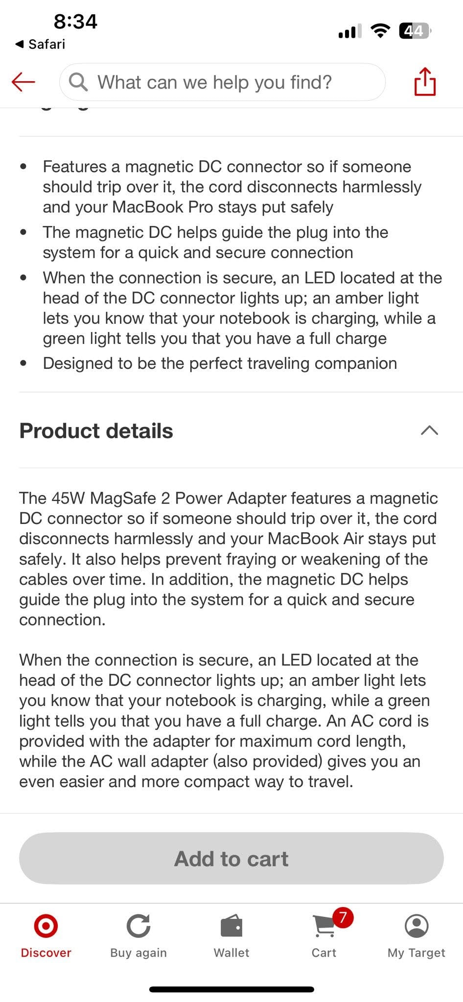 Apple 45w MagSafe 2 Power Adapter (for Mac Book Air)