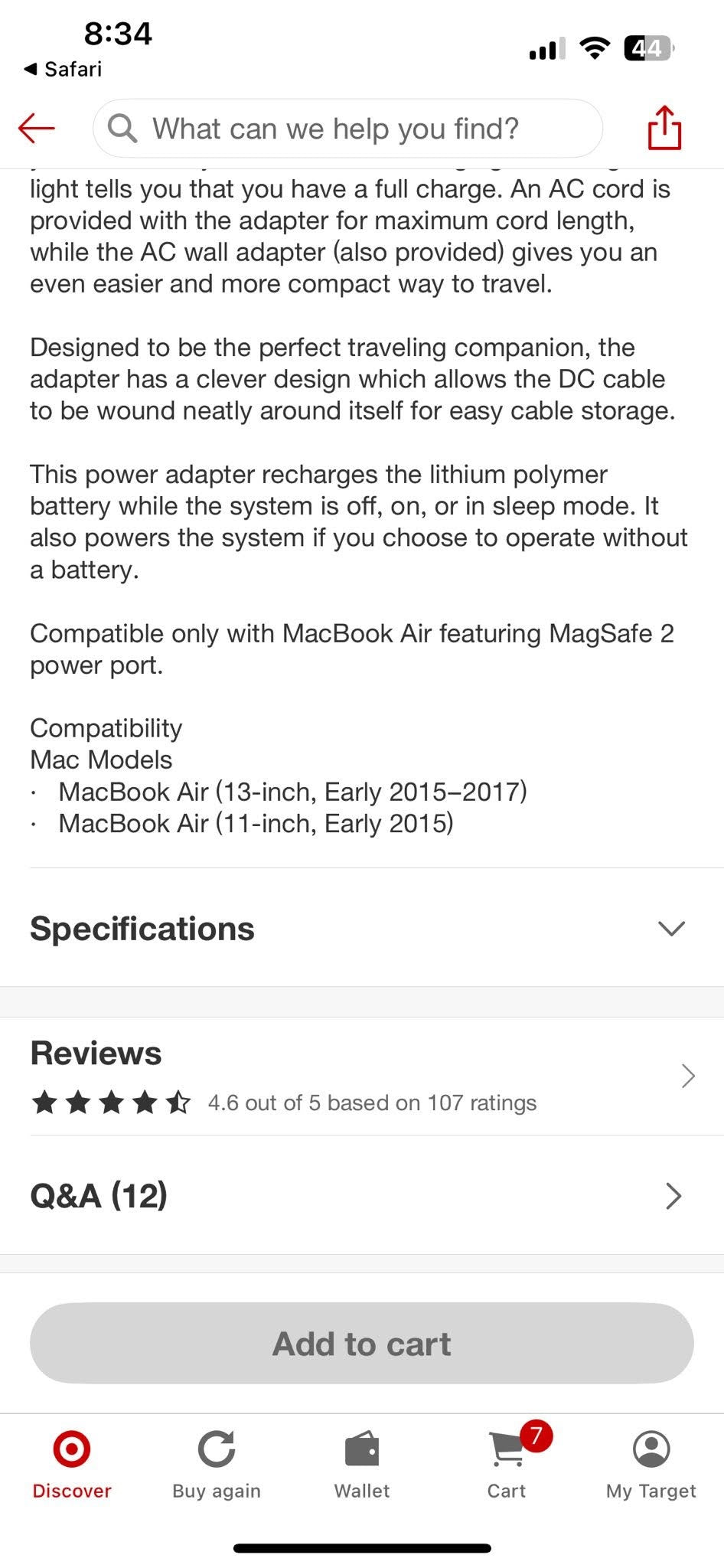 Apple 45w MagSafe 2 Power Adapter (for Mac Book Air)