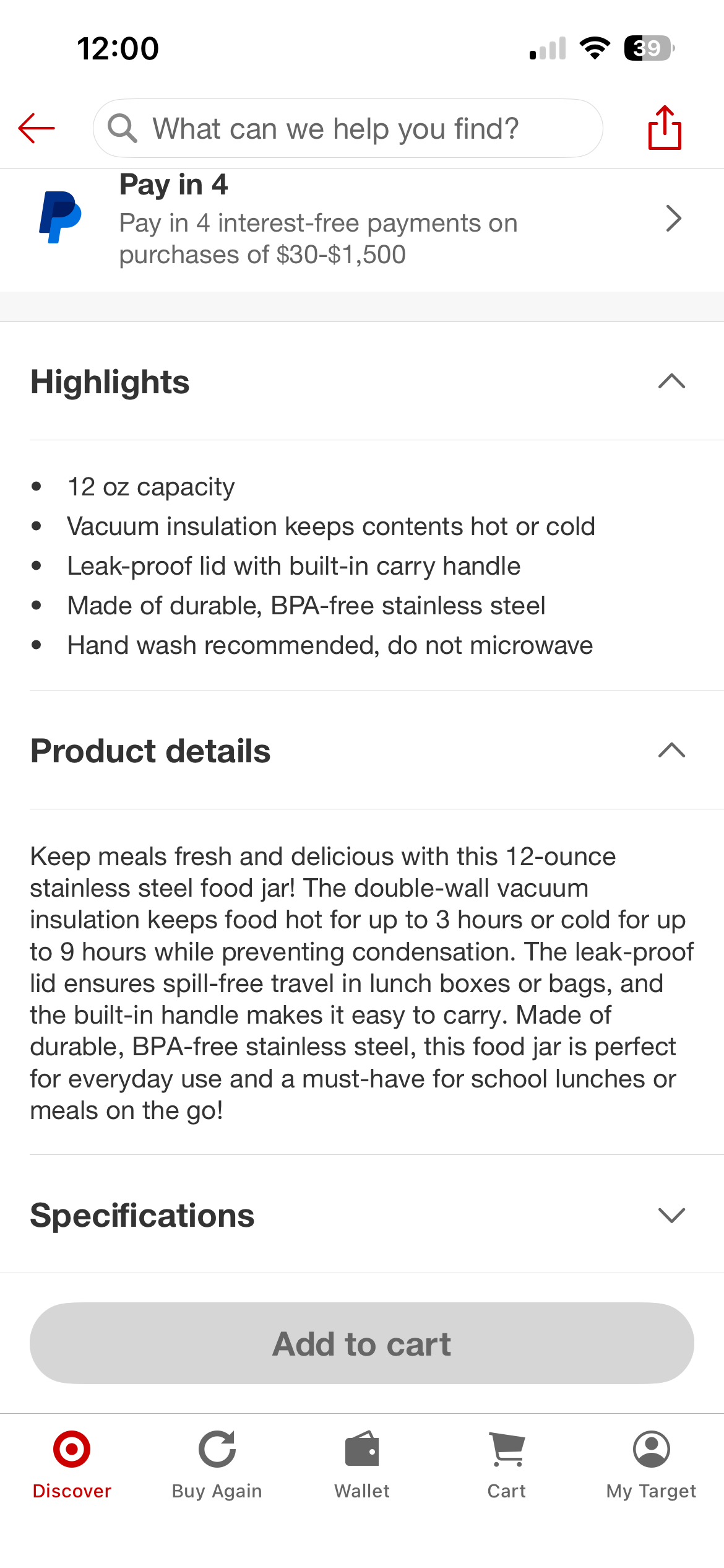Zak 12oz Stainless Steel Food Container